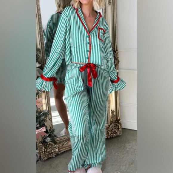 Striped Green and Red Women's Pajama Set - Picture 1 of 1